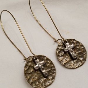 Cross earrings with disk hammered bronze tone